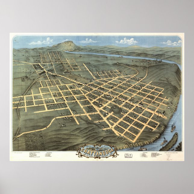 1871 Chattanooga, TN Birds Eye View Panoramic Map Poster (Front)