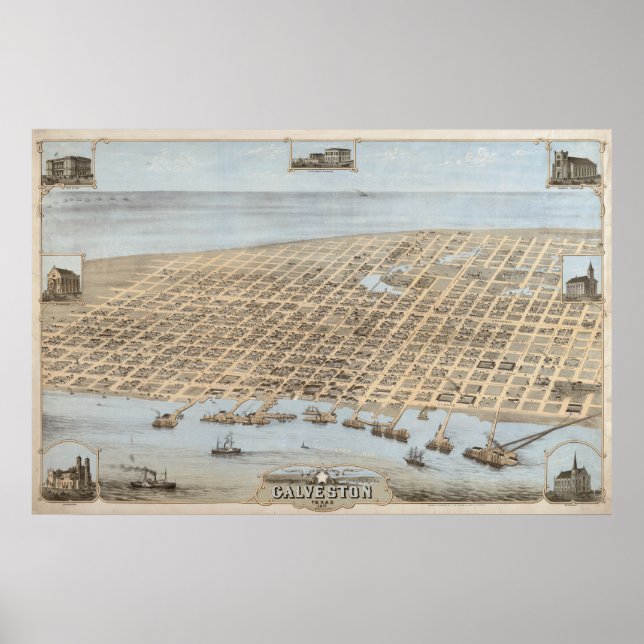 1871 Galveston, TX Birds Eye View Panoramic Map Poster (Front)