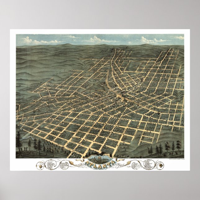 1871 Panoramic Map Birds Eye View of Atlanta, GA Poster (Front)