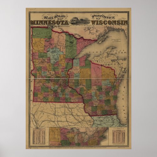 1871 railroadpost office map of MN and WI Poster