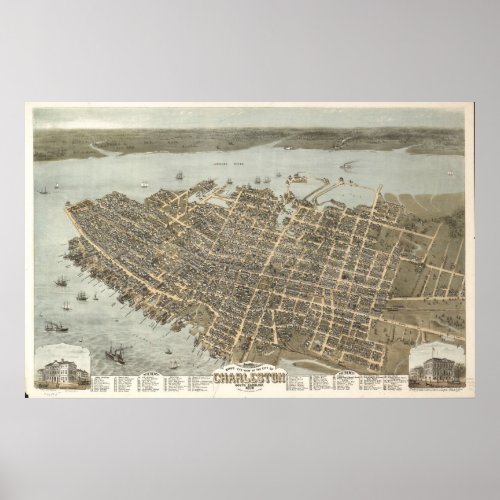 1872 Charleston SC Birds Eye View Panoramic Map Poster