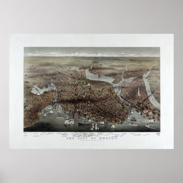 1873 City of Boston, MA Panoramic Birds Eye View Poster (Front)