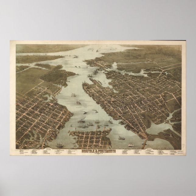 1873 Norfolk  Portsmouth VA BirdsEye Panoramic Map Poster (Front)