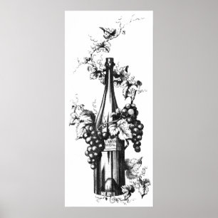 1873 Vintage Wine Bottle with Grapes and Leaves Poster