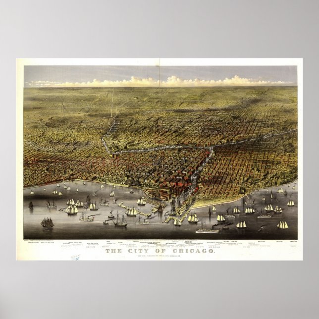 1874 Chicago, IL Birds Eye View Panoramic Map Poster (Front)