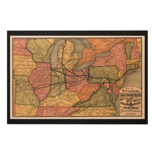 1874 Pennsylvania Railroad Map Wood Wall Decor