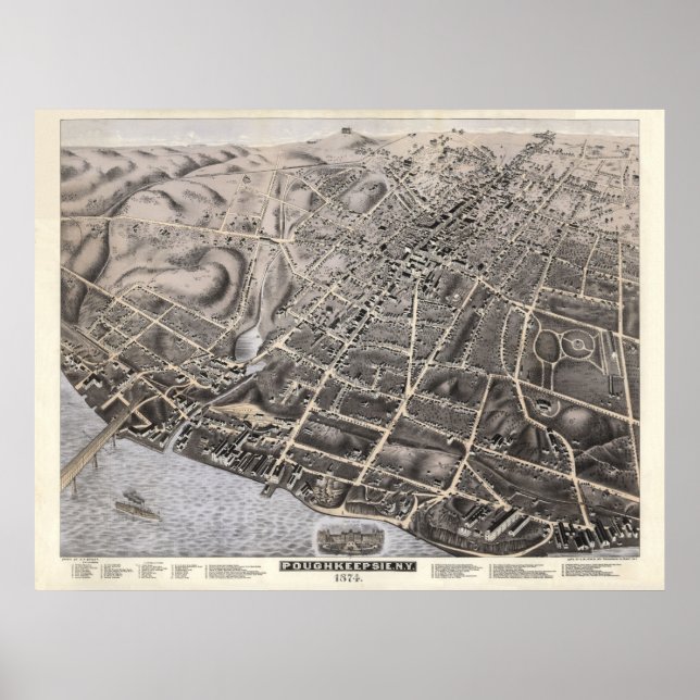 1874 Poughkeepsie, NY Birds Eye View Panoramic Map Poster (Front)