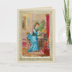 1875 card—Victorian lady at desk Card