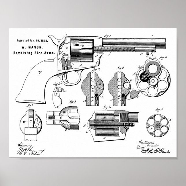 1875 Gun Revolver Patent Art Drawing Print (Front)