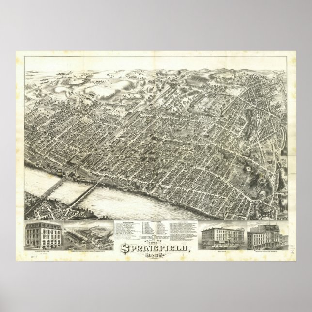 1875 Springfield, MA Birds Eye View Panoramic Map Poster (Front)