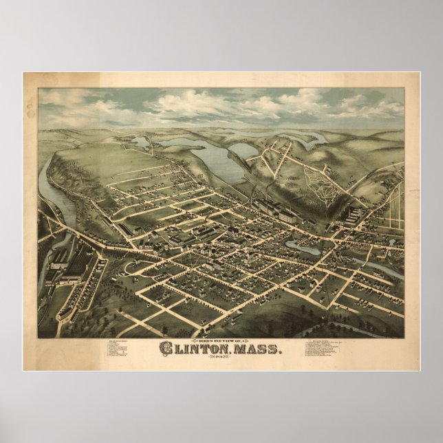 1876 Clinton, MA Birds Eye View Panoramic Map Poster (Front)