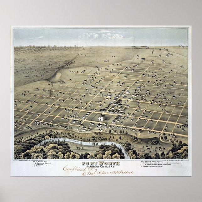 1876 Map of Fort Worth, TX Birds Eye View Poster (Front)