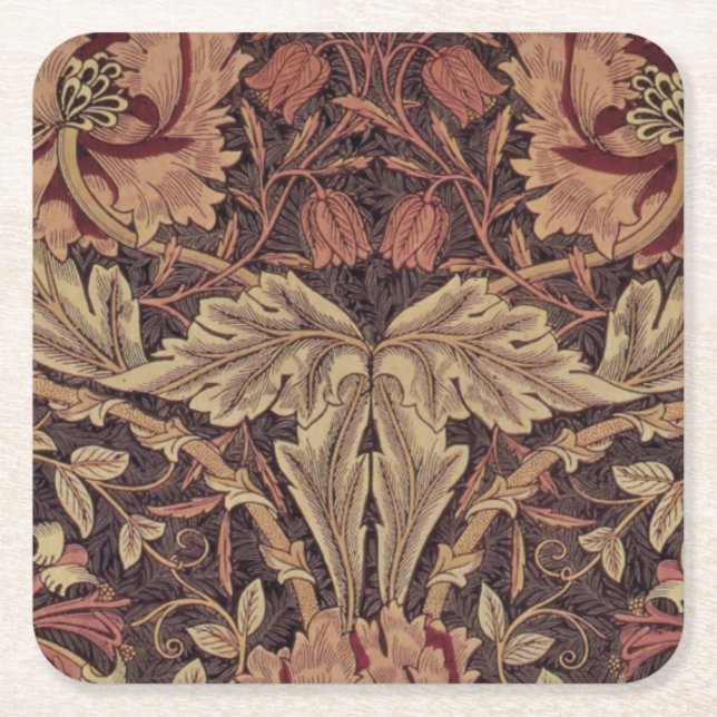 1876 Vintage William Morris Honeysuckle Square Paper Coaster (Front)