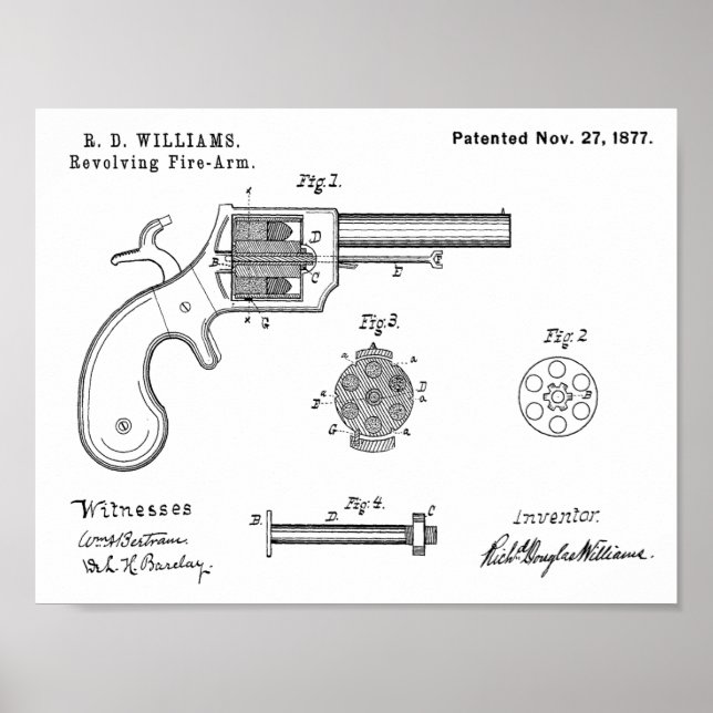 1877 Gun Revolver Patent Art Drawing Print (Front)