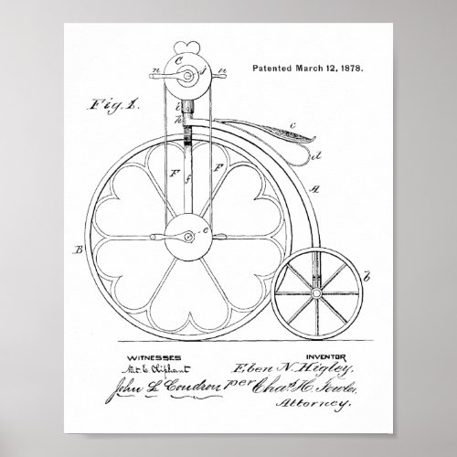 1878 Vintage High Wheeler Bicycle Patent Art Print
