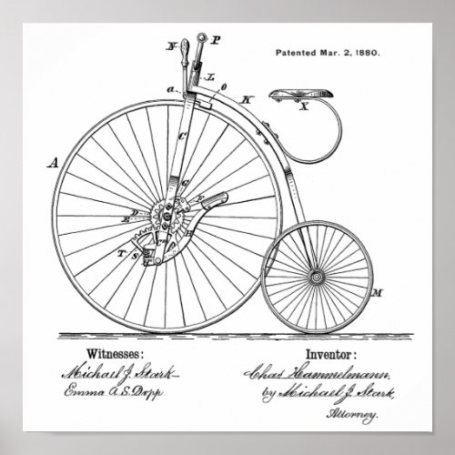 1880 Vintage High Wheeler Bicycle Patent Art Print