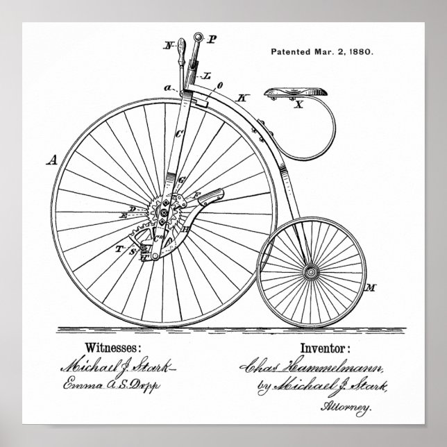 1880 Vintage High Wheeler Bicycle Patent Art Print (Front)