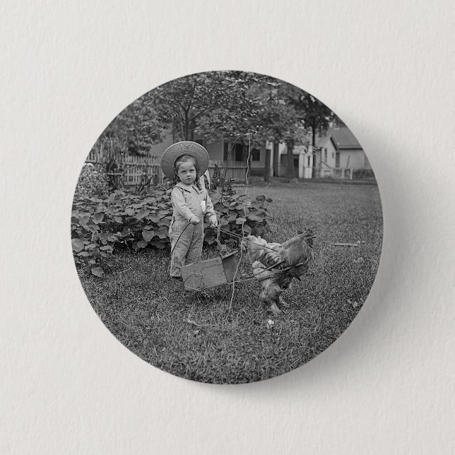 1880's Adorable Girl and Rooster Cart in Garden Button (Front)