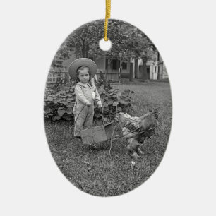 1880's Adorable Girl and Rooster Cart in Garden Ceramic Ornament