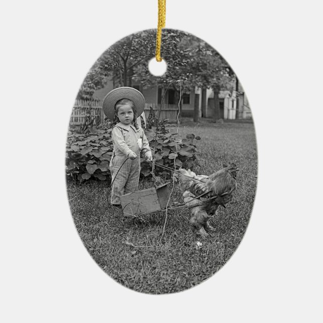 1880's Adorable Girl and Rooster Cart in Garden Ceramic Ornament (Front)