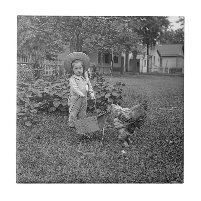 1880's Adorable Girl and Rooster Cart in Garden Ceramic Tile (Front)