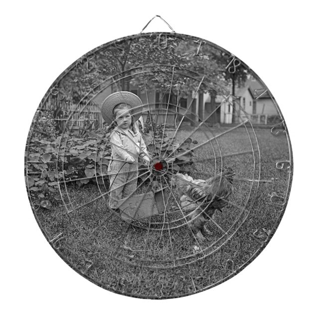 1880's Adorable Girl and Rooster Cart in Garden Dartboard (Front)