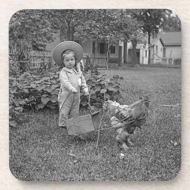 1880's Adorable Girl and Rooster Cart in Garden Drink Coaster (Front)