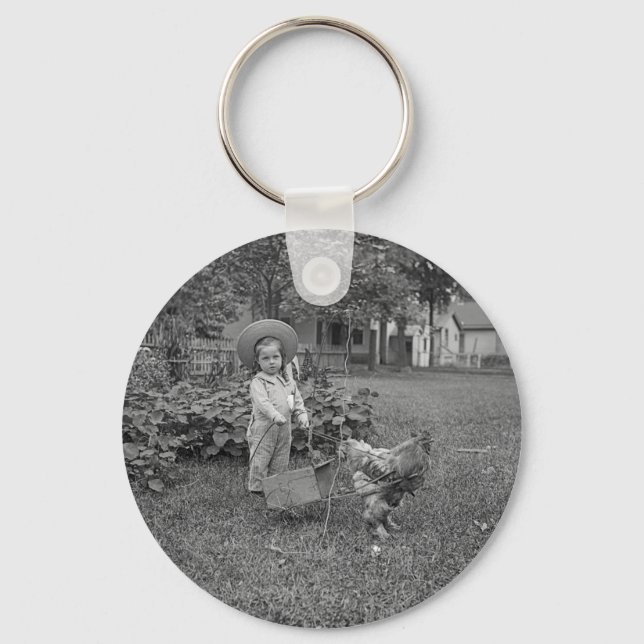 1880's Adorable Girl and Rooster Cart in Garden Keychain (Front)