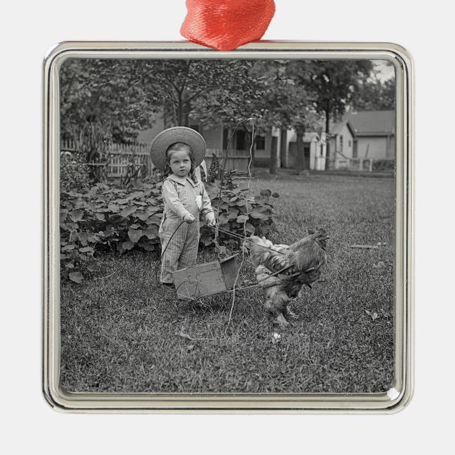 1880's Adorable Girl and Rooster Cart in Garden Metal Ornament (Front)