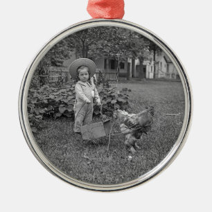 1880's Adorable Girl and Rooster Cart in Garden Metal Ornament