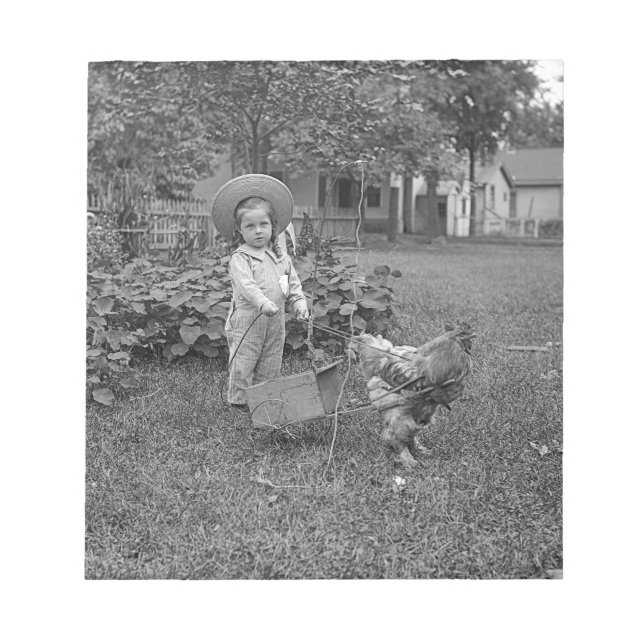 1880's Adorable Girl and Rooster Cart in Garden Notepad (Front)