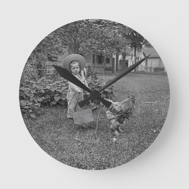 1880's Adorable Girl and Rooster Cart in Garden Round Clock (Front)