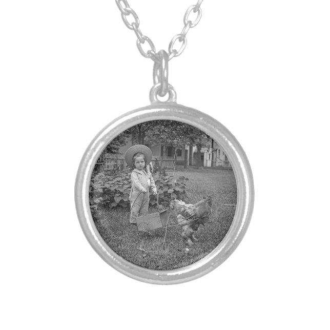 1880's Adorable Girl and Rooster Cart in Garden Silver Plated Necklace (Front)