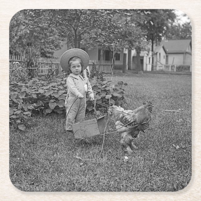 1880's Adorable Girl and Rooster Cart in Garden Square Paper Coaster (Front)
