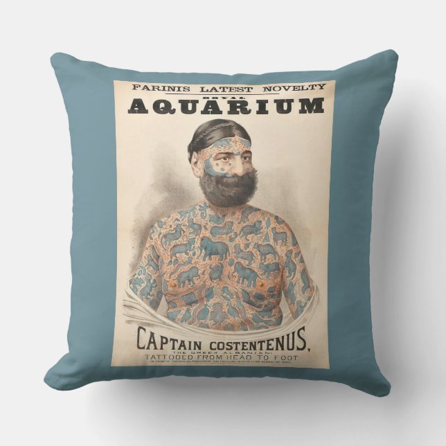 1880s Captain Costentenus tattooed man Throw Pillow (Front)