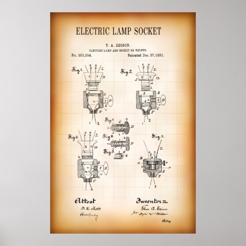 1881 ELECTRIC LAMP SOCKET PATENT POSTER