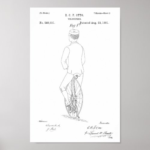 1881 Vintage Bicycle Velocipede Patent Print