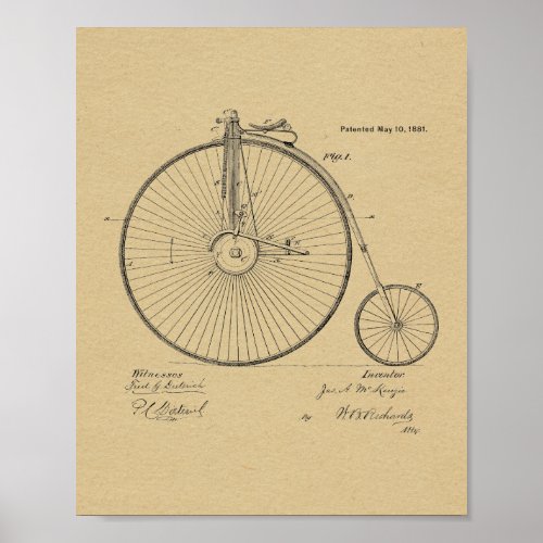 1881 Vintage High Wheeler Bicycle Patent Art Print