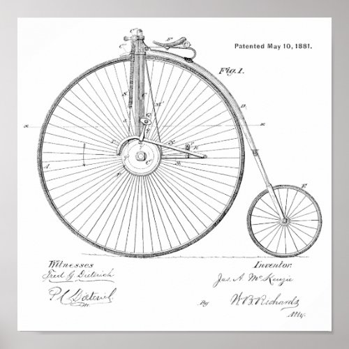 1881 Vintage High Wheeler Bicycle Patent Art Print