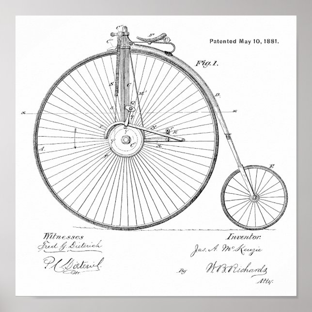 1881 Vintage High Wheeler Bicycle Patent Art Print (Front)
