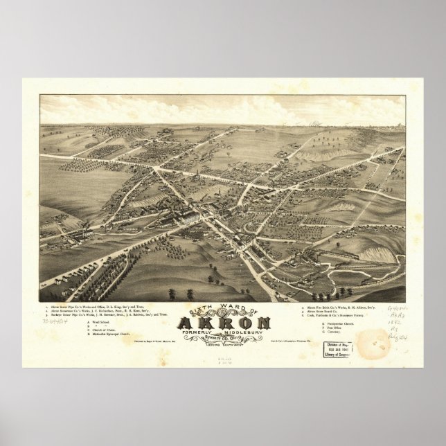 1882 Akron, OH Birds Eye View Panoramic Map Poster (Front)