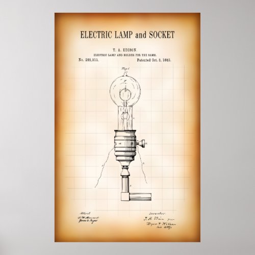 1882 ELECTRIC LAMP and SOCKET PATENT Poster