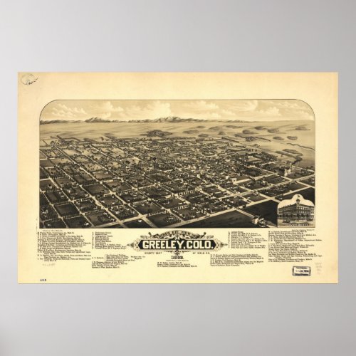 1882 Greeley CO Birds Eye View Panoramic Map Poster