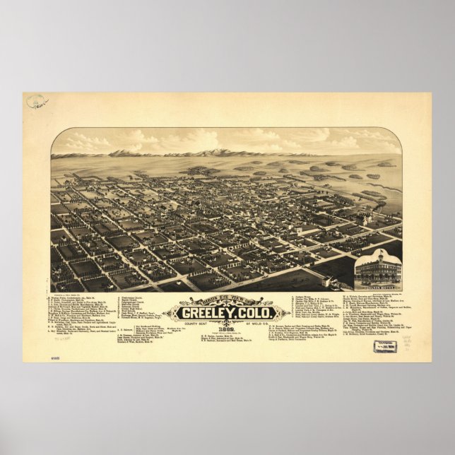 1882 Greeley, CO Birds Eye View Panoramic Map Poster (Front)