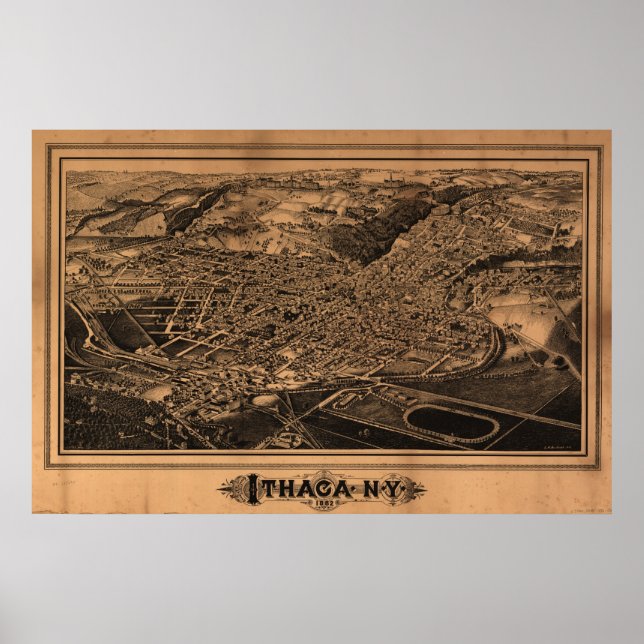 1882 Ithaca, NY Birds Eye View Panoramic Map Poster (Front)