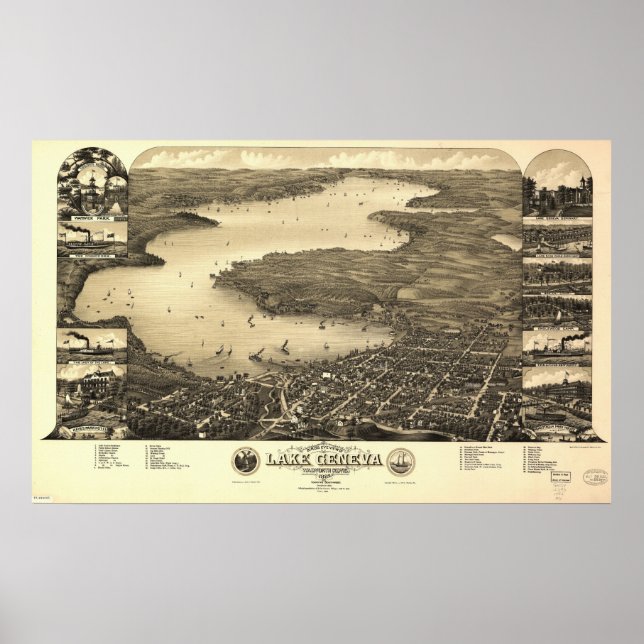 1882 Lake Geneva, WI Birds Eye View Panoramic Map Poster (Front)