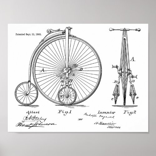 1882 Vintage High Wheeler Bicycle Patent Art Print