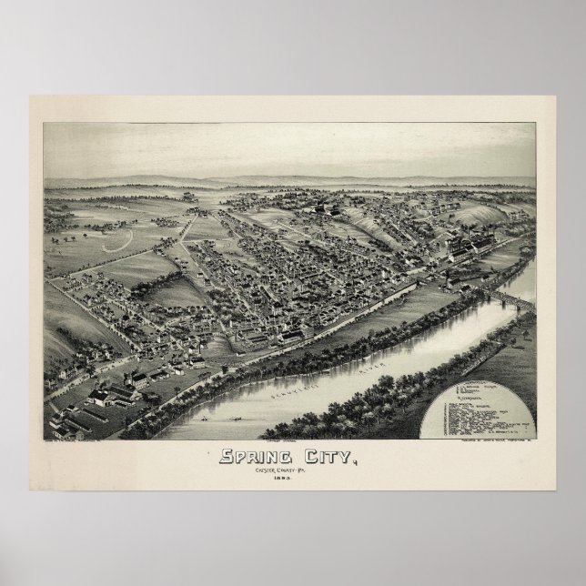1883 Aerial Map Spring City PA Pennsylvania Poster (Front)