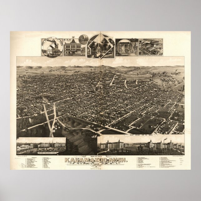 1883 Kalamazoo, MI Birds Eye View Panoramic Map Poster (Front)