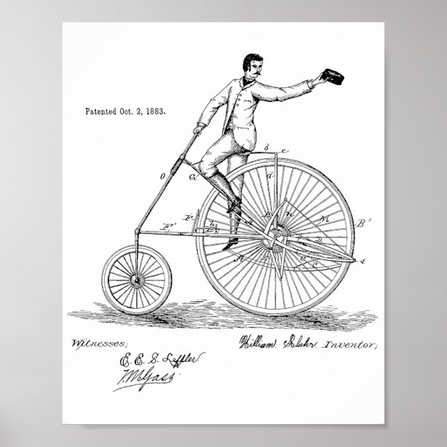 1883 Vintage High Wheeler Bicycle Patent Art Print (Front)